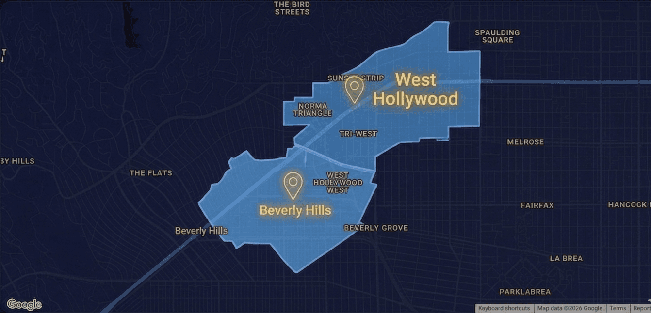 Map of the SENTRÉ service area covering Beverly Hills and West Hollywood.